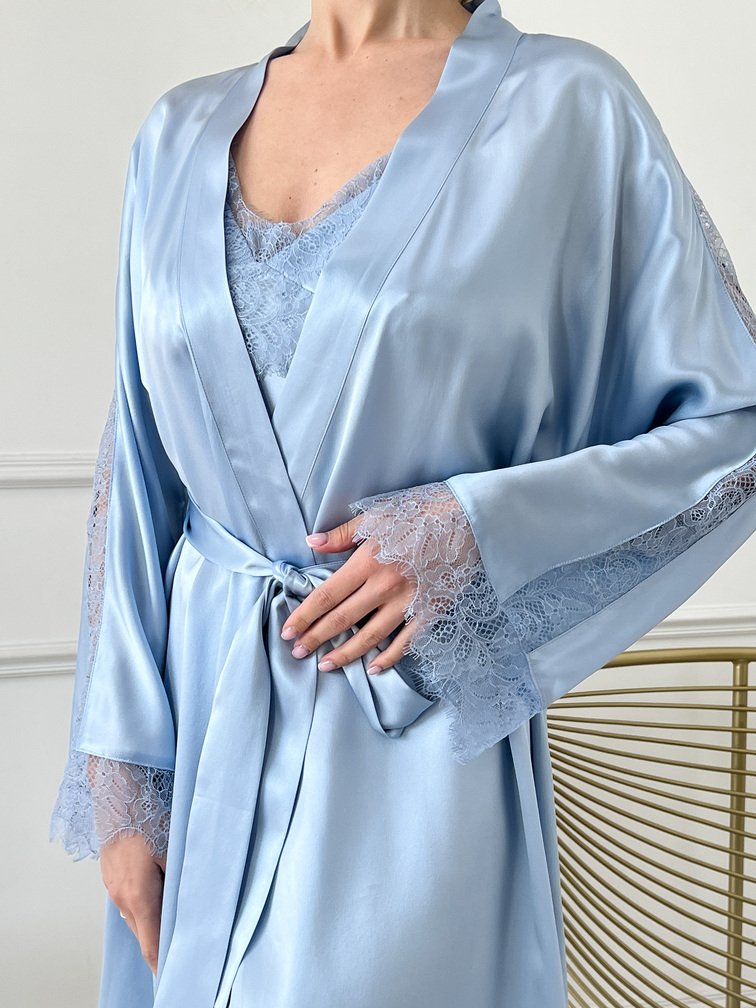 Silk slip and dressing gown, set "genoa", blue. tm"silk kiss" natural 100%  silk art. 1688  Buy at the price 175 UAH - Silk Kiss