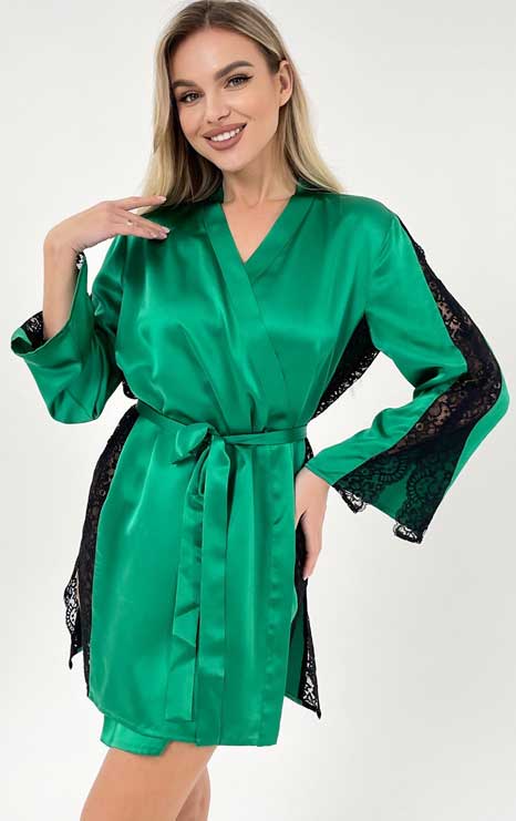 Silk dressing gown for women "silk kiss" green, made of natural silk with  lace art. 1984  Buy at the price 136 UAH - Silk Kiss