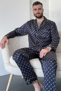 Пижама из натурального шелка "Дубай" мужская, синяя с узором TM"Silk Kiss". Натуральный 100% шелк, Размер: S