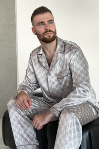 Шелковая мужская пижама "Дублин", серая с узором. TM"Silk Kiss" 100% натуральный  шелк, Размер: XL