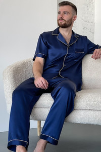 Шелковая мужская пижама "Сиэтл", синяя. TM"Silk Kiss" 100% натуральный  шелк, Размер: L