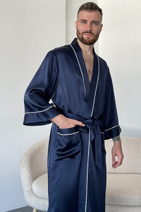 Шелковый мужской халат "Оксфорд", синий, 25 mmi. TM"Silk Kiss". Натуральный 100% шелк, Размер: L