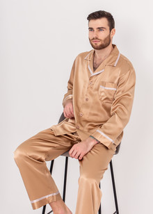 Silk men's pajamas "Rome". TM "Silk Kiss". Natural 100% silk. Gold, Size: M[100-shelkovaya-naturalnaya-rozovaya-sorochka-samarkand-silk-kiss-samarkand-xs-32-34-1613.jpg]