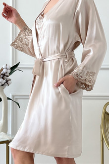 Silk women's combination and dressing gown "Toronto", with pockets. TM "Silk Kiss". Natural 100% silk Beige, Size: M[100-shelkovaya-naturalnaya-rozovaya-sorochka-samarkand-silk-kiss-samarkand-xs-32-34-1613.jpg]