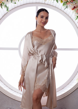 Silk women's nightgown and dressing gown. Madeira set. TM "Silk Kiss". Natural 100% silk. Beige, Size: M[100-shelkovaya-naturalnaya-rozovaya-sorochka-samarkand-silk-kiss-samarkand-xs-32-34-1613.jpg]