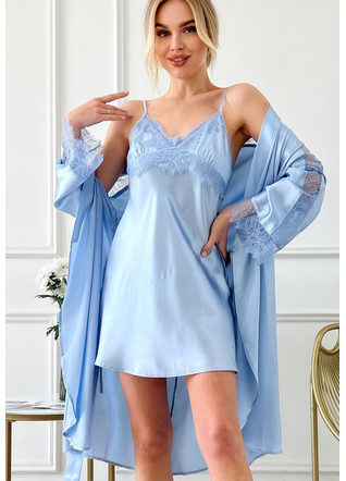 Шелковая комбинация и халат, комплект "Генуя", голубой. TM"Silk Kiss" Натуральный 100% шелк, Размер: L