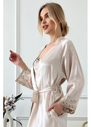 Silk women's combination and dressing gown "Toronto", with pockets. TM "Silk Kiss". Natural 100% silk Beige, Size: L[100-shelkovaya-naturalnaya-rozovaya-sorochka-samarkand-silk-kiss-samarkand-xs-32-34-1613.jpg]