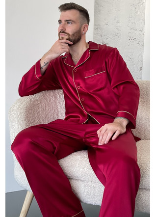 Шелковая мужская пижама "Лондон", красная. TM"Silk Kiss" 100% натуральный  шелк, Размер: L