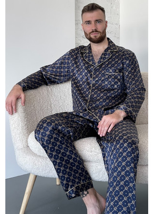 Пижама из натурального шелка "Дубай" мужская, синяя с узором TM"Silk Kiss". Натуральный 100% шелк, Размер: L
