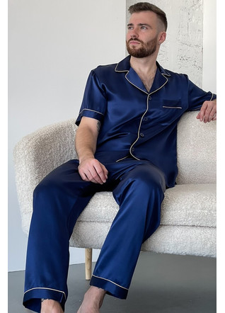 Шелковая мужская пижама "Сиэтл", синяя. TM"Silk Kiss" 100% натуральный  шелк, Размер: L
