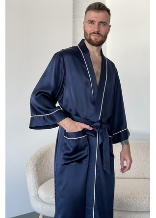 Шелковый мужской халат "Оксфорд", синий, 25 mmi. TM"Silk Kiss". Натуральный 100% шелк, Размер: XL