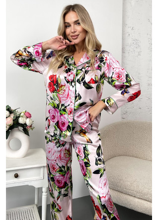 Шелковая женская пижама "Роузвилл". TM"Silk Kiss". Натуральный 100% шелк. Розовая в цветы, Размер: M