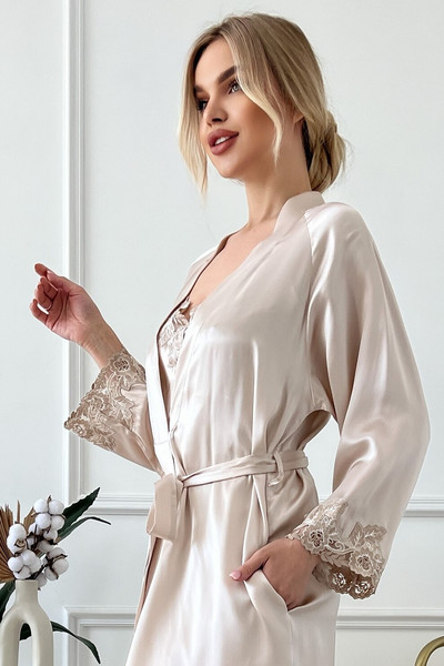 Silk women's combination and dressing gown "Toronto", with pockets. TM "Silk Kiss". Natural 100% silk Beige, Size: M[100-shelkovaya-naturalnaya-rozovaya-sorochka-samarkand-silk-kiss-samarkand-xs-32-34-1613.jpg]