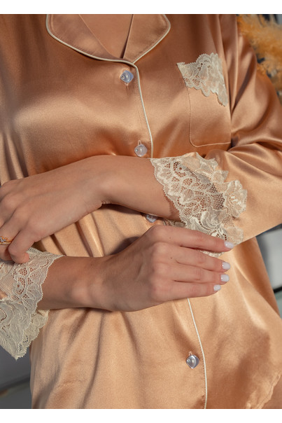 Шовкова жіноча піжама "Женева". TM "Silk Kiss". Натуральний 100% шовк. Пшенично-персиковий, Розмір: XL[100-shelkovaya-naturalnaya-rozovaya-sorochka-samarkand-silk-kiss-samarkand-xs-32-34-1613.jpg]