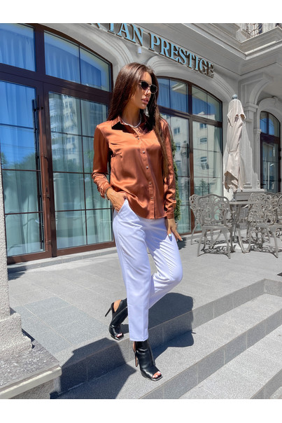 Women's classic shirt made of natural silk, brown. TM "Silk Kiss". 100% silk, Size: M[100-shelkovaya-naturalnaya-rozovaya-sorochka-samarkand-silk-kiss-samarkand-xs-32-34-1613.jpg]