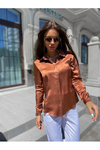 Women's classic shirt made of natural silk, brown. TM "Silk Kiss". 100% silk, Size: M[100-shelkovaya-naturalnaya-rozovaya-sorochka-samarkand-silk-kiss-samarkand-xs-32-34-1613.jpg]
