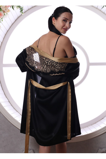 Silk women's nightgown and dressing gown. Set "Paris". TM "Silk Kiss". Natural 100% silk. Black, Size: L[100-shelkovaya-naturalnaya-rozovaya-sorochka-samarkand-silk-kiss-samarkand-xs-32-34-1613.jpg]