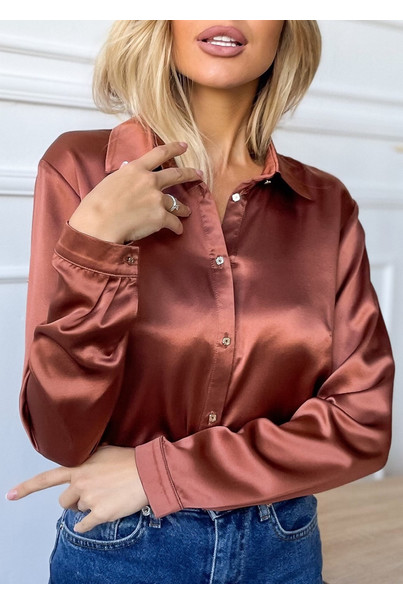 Women's classic shirt made of natural silk, brown. TM "Silk Kiss". 100% silk, Size: M[100-shelkovaya-naturalnaya-rozovaya-sorochka-samarkand-silk-kiss-samarkand-xs-32-34-1613.jpg]