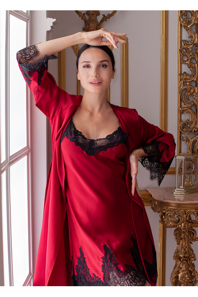 Шовкова жіноча нічна сорочка і халат. Комплект "Мадейра". TM "Silk Kiss". Madeira. Натуральний 100% шовк. Бордовий, Розмір: M[100-shelkovaya-naturalnaya-rozovaya-sorochka-samarkand-silk-kiss-samarkand-xs-32-34-1613.jpg]
