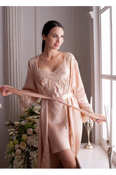 Silk women's nightgown and dressing gown. Sevilla set. TM "Silk Kiss". Natural 100% silk. Beige, Size: S[100-shelkovaya-naturalnaya-rozovaya-sorochka-samarkand-silk-kiss-samarkand-xs-32-34-1613.jpg]