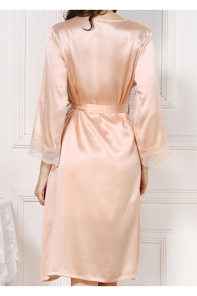 Silk women's nightgown and dressing gown. Sevilla set. TM "Silk Kiss". Natural 100% silk. Beige, Size: S[100-shelkovaya-naturalnaya-rozovaya-sorochka-samarkand-silk-kiss-samarkand-xs-32-34-1613.jpg]