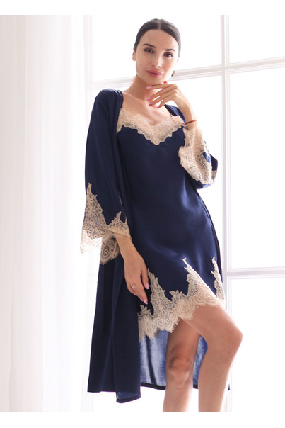 Silk women's nightgown and dressing gown. Madeira set. TM "Silk Kiss". Madeira. Natural 100% silk. Blue, Size: L[100-shelkovaya-naturalnaya-rozovaya-sorochka-samarkand-silk-kiss-samarkand-xs-32-34-1613.jpg]