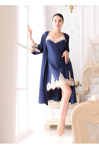 Silk women's nightgown and dressing gown. Madeira set. TM "Silk Kiss". Madeira. Natural 100% silk. Blue, Size: L[100-shelkovaya-naturalnaya-rozovaya-sorochka-samarkand-silk-kiss-samarkand-xs-32-34-1613.jpg]