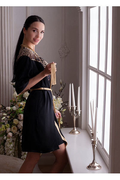 Silk women's nightgown and dressing gown. Set "Paris". TM "Silk Kiss". Natural 100% silk. Black, Size: L[100-shelkovaya-naturalnaya-rozovaya-sorochka-samarkand-silk-kiss-samarkand-xs-32-34-1613.jpg]