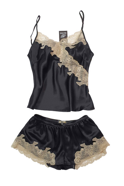 Silk top and shorts. Sevilla set. TM "Silk Kiss". Natural 100% silk. Black, Size: S[100-shelkovaya-naturalnaya-rozovaya-sorochka-samarkand-silk-kiss-samarkand-xs-32-34-1613.jpg]