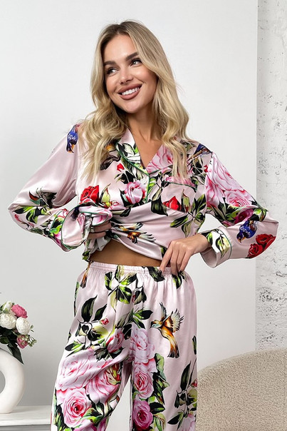 Шовкова жіноча піжама "Роузвілл". TM "Silk Kiss". Натуральний 100% шовк. Рожева у квіти, Розмір: M[100-shelkovaya-naturalnaya-rozovaya-sorochka-samarkand-silk-kiss-samarkand-xs-32-34-1613.jpg]