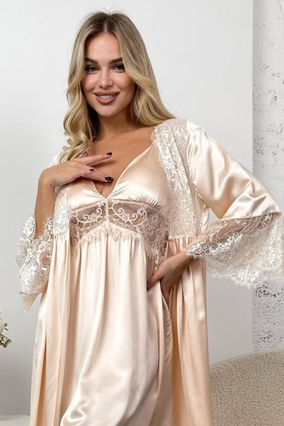 Шелковая женская комбинация и халат "Пеория". TM"Silk Kiss". Натуральный 100% шелк, айвори, изображение 7