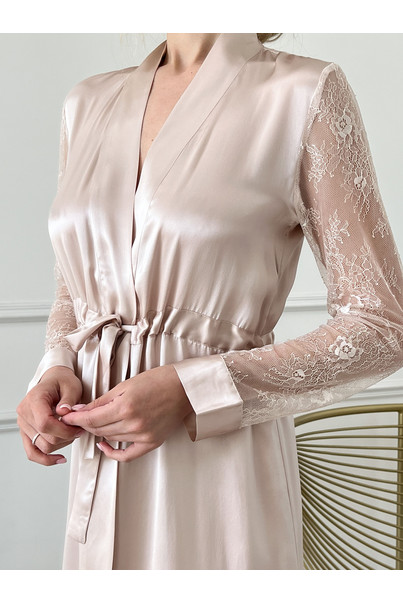 Шелковый халат "Аликанте", пудровый. TM"Silk Kiss". Натуральный шелк, Размер: L, изображение 5