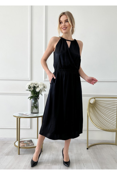 Шовкова сукня з кишенями, чорна. TM "Silk Kiss". Натуральний 100% шовк, Розмір: M[100-shelkovaya-naturalnaya-rozovaya-sorochka-samarkand-silk-kiss-samarkand-xs-32-34-1613.jpg]