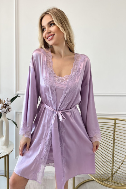 Silk set combination and bathrobe "Florina", lilac. TM "Silk Kiss". Natural 100% silk, Size: L[100-shelkovaya-naturalnaya-rozovaya-sorochka-samarkand-silk-kiss-samarkand-xs-32-34-1613.jpg]
