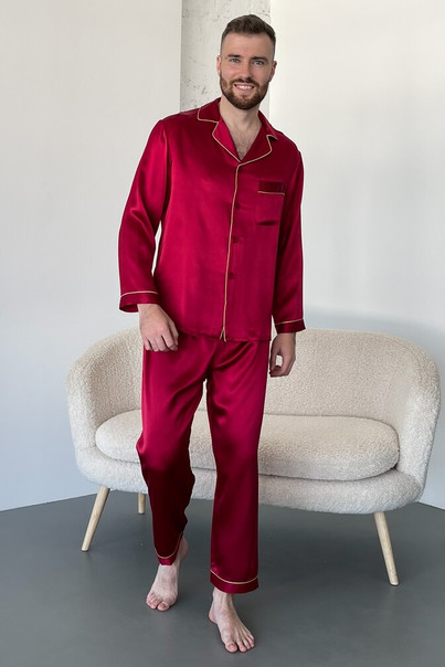 Silk men's pajamas "London", red. TM "Silk Kiss" 100% natural silk, Size: S[100-shelkovaya-naturalnaya-rozovaya-sorochka-samarkand-silk-kiss-samarkand-xs-32-34-1613.jpg]