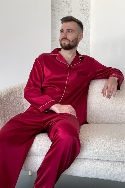 Silk men's pajamas "London", red. TM "Silk Kiss" 100% natural silk, Size: S[100-shelkovaya-naturalnaya-rozovaya-sorochka-samarkand-silk-kiss-samarkand-xs-32-34-1613.jpg]