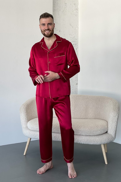 Silk men's pajamas "London", red. TM "Silk Kiss" 100% natural silk, Size: S[100-shelkovaya-naturalnaya-rozovaya-sorochka-samarkand-silk-kiss-samarkand-xs-32-34-1613.jpg]