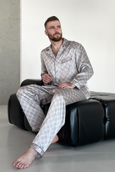 Шовкова чоловіча піжама "Дублін", сіра з візерунком. TM "Silk Kiss" 100% натуральний шовк, Розмір: L[100-shelkovaya-naturalnaya-rozovaya-sorochka-samarkand-silk-kiss-samarkand-xs-32-34-1613.jpg]