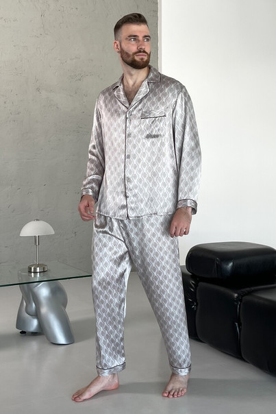 Шовкова чоловіча піжама "Дублін", сіра з візерунком. TM "Silk Kiss" 100% натуральний шовк, Розмір: L[100-shelkovaya-naturalnaya-rozovaya-sorochka-samarkand-silk-kiss-samarkand-xs-32-34-1613.jpg]