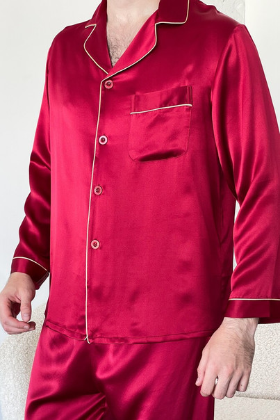 Silk men's pajamas "London", red. TM "Silk Kiss" 100% natural silk, Size: S[100-shelkovaya-naturalnaya-rozovaya-sorochka-samarkand-silk-kiss-samarkand-xs-32-34-1613.jpg]