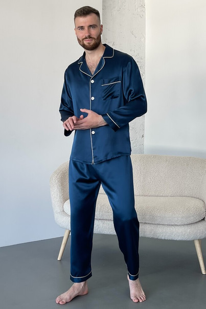 Шелковая мужская пижама "Лондон". TM"Silk Kiss". London. Натуральный 100% шелк. Синяя, Размер: S