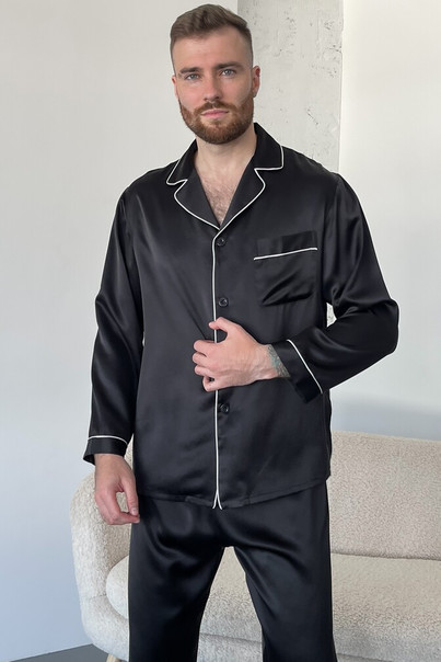 Шелковая мужская пижама "Лондон". TM"Silk Kiss". London. Натуральный 100% шелк. Черная, Размер: XL, изображение 5