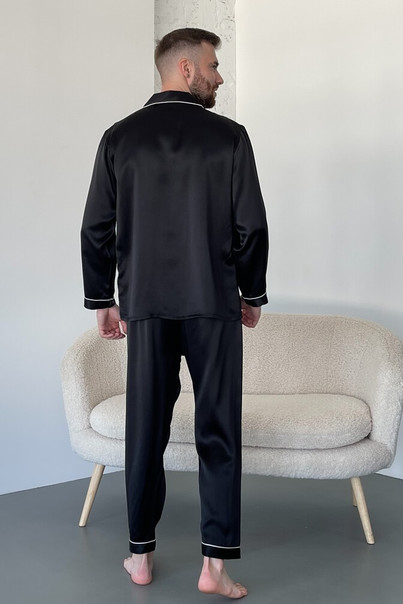 Шелковая мужская пижама "Лондон". TM"Silk Kiss". London. Натуральный 100% шелк. Черная, Размер: XL, изображение 3