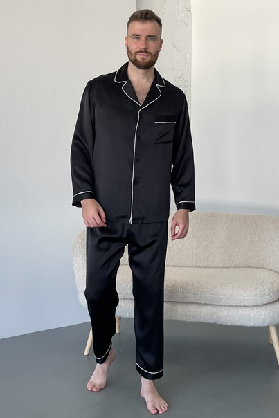 Шелковая мужская пижама "Лондон". TM"Silk Kiss". London. Натуральный 100% шелк. Черная, Размер: XL, изображение 2