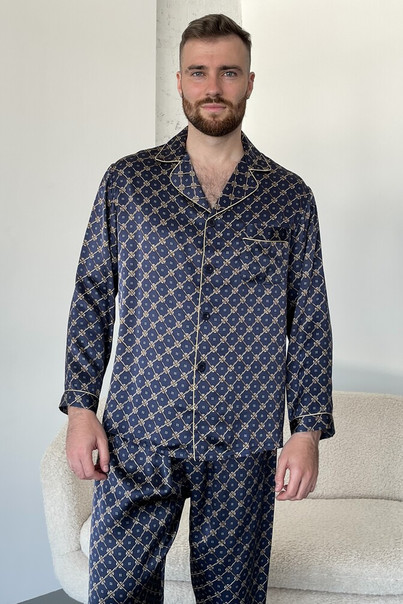 Pajamas made of natural silk "Dubai" for men, brown with a pattern TM "Silk Kiss". Natural 100% silk, Size: L[100-shelkovaya-naturalnaya-rozovaya-sorochka-samarkand-silk-kiss-samarkand-xs-32-34-1613.jpg]