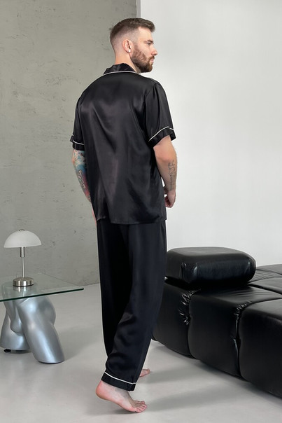 Silk men's pajamas "Seattle", black. TM "Silk Kiss" 100% natural silk, Size: L[100-shelkovaya-naturalnaya-rozovaya-sorochka-samarkand-silk-kiss-samarkand-xs-32-34-1613.jpg]