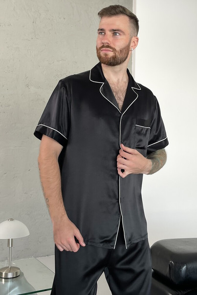 Silk men's pajamas "Seattle", black. TM "Silk Kiss" 100% natural silk, Size: L[100-shelkovaya-naturalnaya-rozovaya-sorochka-samarkand-silk-kiss-samarkand-xs-32-34-1613.jpg]