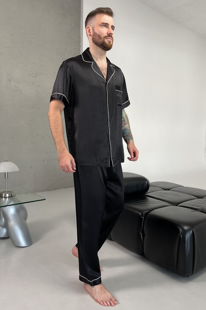 Silk men's pajamas "Seattle", black. TM "Silk Kiss" 100% natural silk, Size: L[100-shelkovaya-naturalnaya-rozovaya-sorochka-samarkand-silk-kiss-samarkand-xs-32-34-1613.jpg]