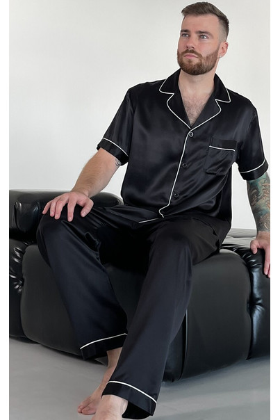 Silk men's pajamas "Seattle", black. TM "Silk Kiss" 100% natural silk, Size: L[100-shelkovaya-naturalnaya-rozovaya-sorochka-samarkand-silk-kiss-samarkand-xs-32-34-1613.jpg]