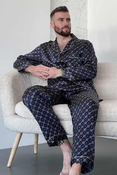 Pajamas made of natural silk "Dubai" for men, brown with a pattern TM "Silk Kiss". Natural 100% silk, Size: L[100-shelkovaya-naturalnaya-rozovaya-sorochka-samarkand-silk-kiss-samarkand-xs-32-34-1613.jpg]